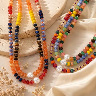 Natural Gemstone Necklace 18K Stainless Steel Waterproof, Large Pearl Gemstone Bead Bohemian detail 1