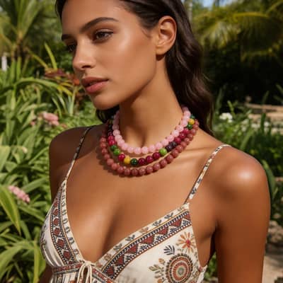 Colorful Natural Stone Beads Necklace, Handmade Fade-Resistant Rose Quartz Vacation detail 6