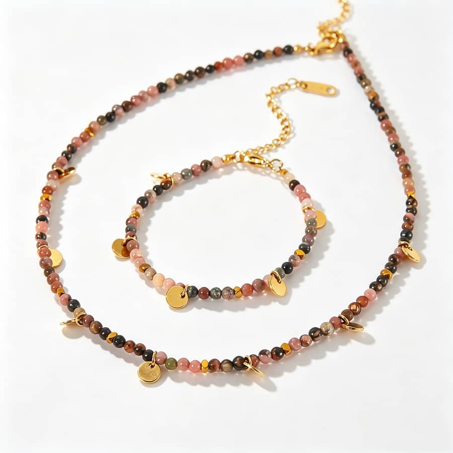 Stainless Steel Disc Pendant Natural Stone Beaded Necklace Bracelet Set Waterproof Handmade Party Gift - main
