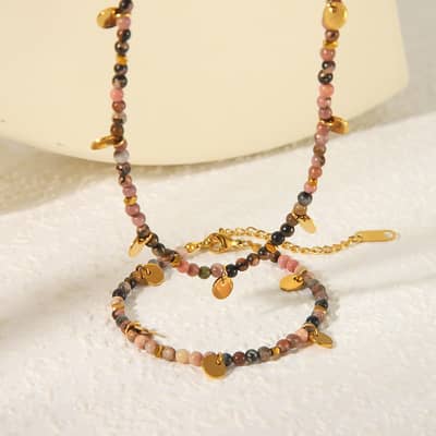 Stainless Steel Disc Pendant Natural Stone Beaded Necklace Bracelet Set Waterproof Handmade Party Gift detail 2
