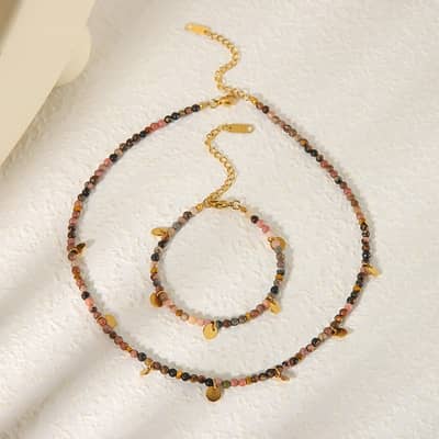 Stainless Steel Disc Pendant Natural Stone Beaded Necklace Bracelet Set Waterproof Handmade Party Gift detail 4