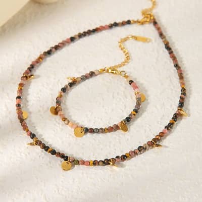 Stainless Steel Disc Pendant Natural Stone Beaded Necklace Bracelet Set Waterproof Handmade Party Gift detail 5