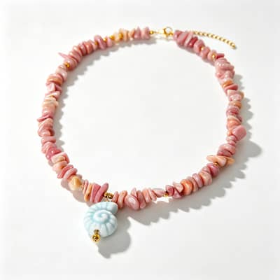Ceramic Conch Pendant Natural Rhodonite Necklace Handmade Beaded Anklet Bracelet Set Ocean Jewelry detail 1