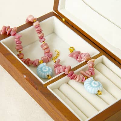 Ceramic Conch Pendant Natural Rhodonite Necklace Handmade Beaded Anklet Bracelet Set Ocean Jewelry detail 4