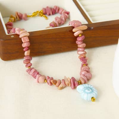 Ceramic Conch Pendant Natural Rhodonite Necklace Handmade Beaded Anklet Bracelet Set Ocean Jewelry detail 5