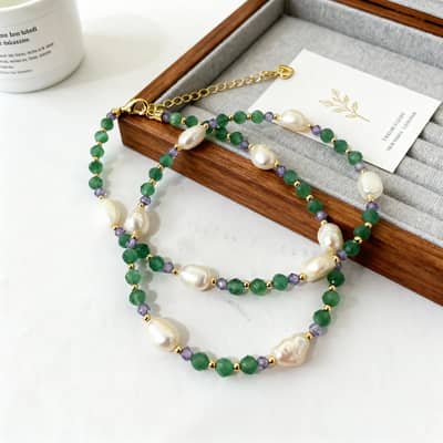INS Style Mint Amethyst Natural Stone Freshwater Pearl Necklace, Waterproof Handmade Beaded detail 5