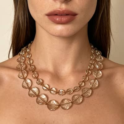 Vintage Champagne Double Layer Resin Beaded Necklace, Waterproof Handmade Evening Party detail 2