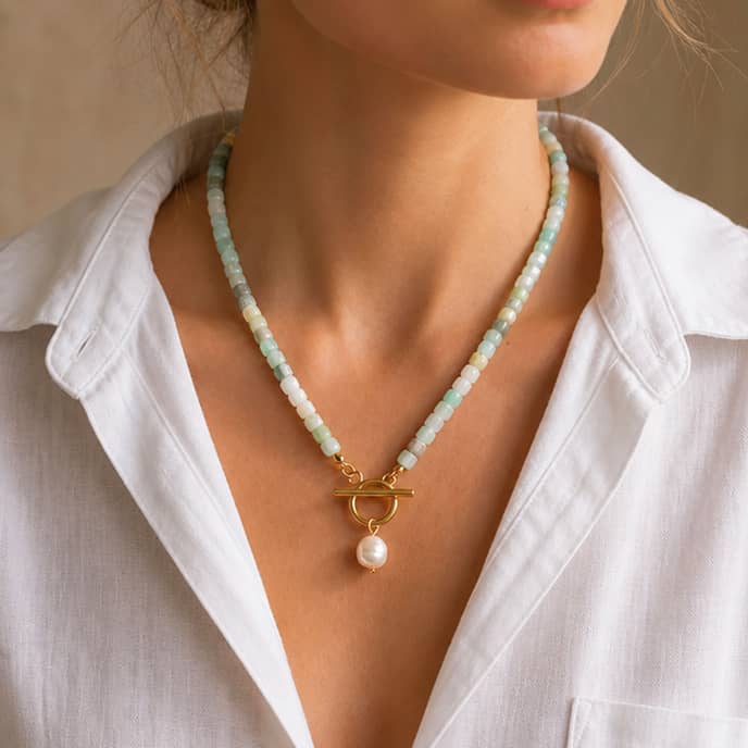 Natural Gemstone Beaded Necklace, Mixed Color Non-Fading Bead With Pearl Charm - main