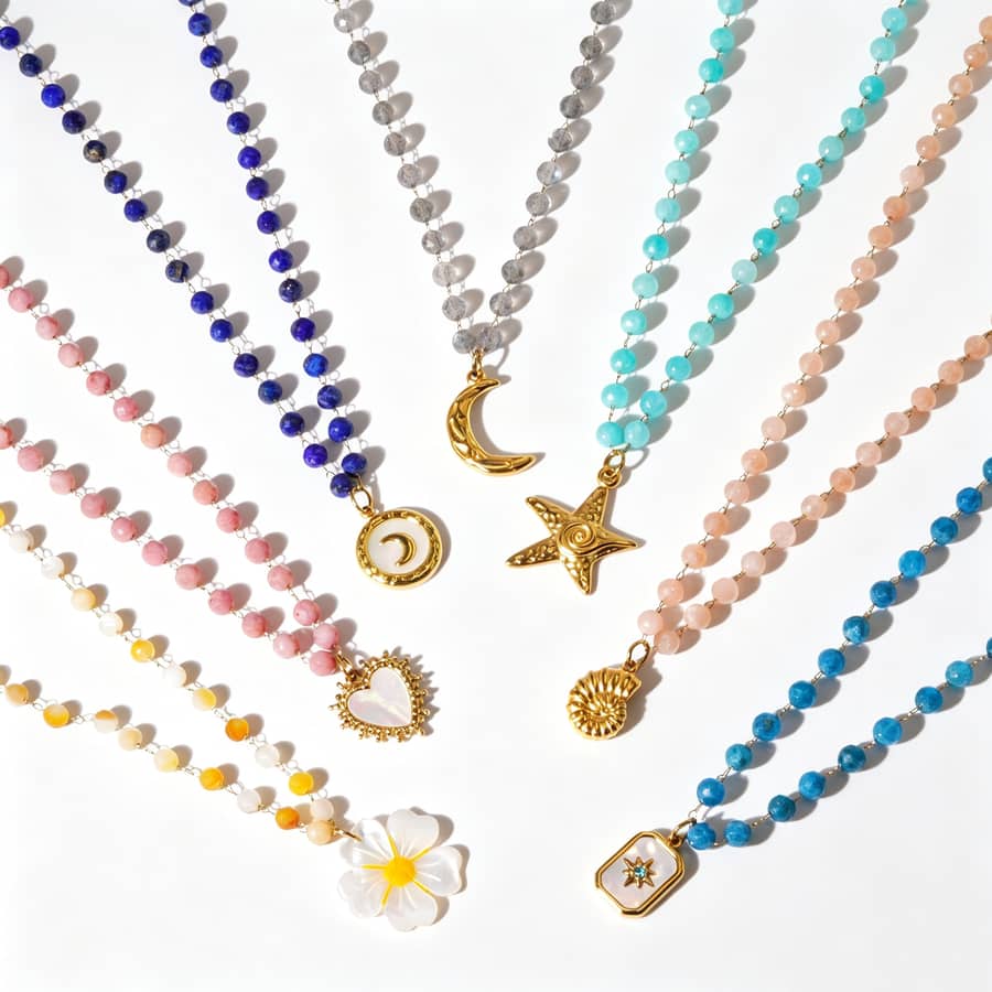INS Style Handmade Natural Stone Beaded Stainless Steel Pendant Necklace, Shell Flower Waterproof - main
