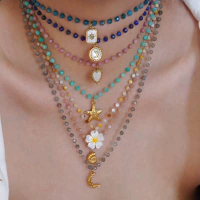INS Style Handmade Natural Stone Beaded Stainless Steel Pendant Necklace, Shell Flower Waterproof detail 2