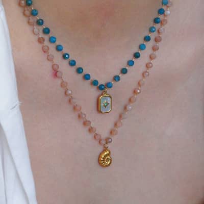 INS Style Handmade Natural Stone Beaded Stainless Steel Pendant Necklace, Shell Flower Waterproof detail 4