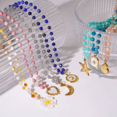 INS Style Handmade Natural Stone Beaded Stainless Steel Pendant Necklace, Shell Flower Waterproof detail 5