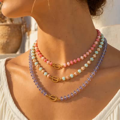 18K Gold Plated PVD Beaded Necklace, Handmade Natural Gemstone Bohemian Summer detail 1