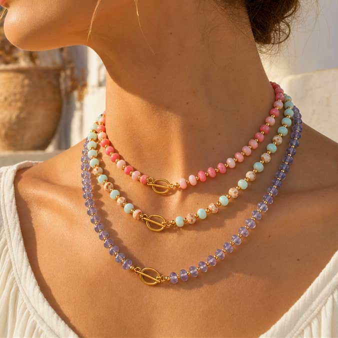 18K Gold Plated PVD Beaded Necklace, Handmade Natural Gemstone Bohemian Summer - main