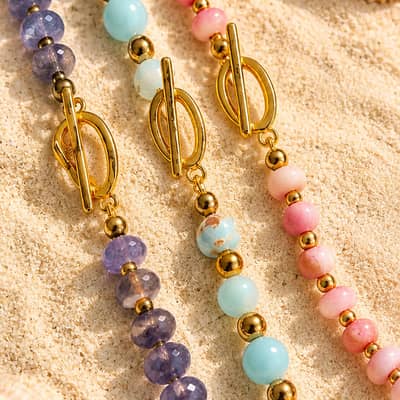 18K Gold Plated PVD Beaded Necklace, Handmade Natural Gemstone Bohemian Summer detail 3