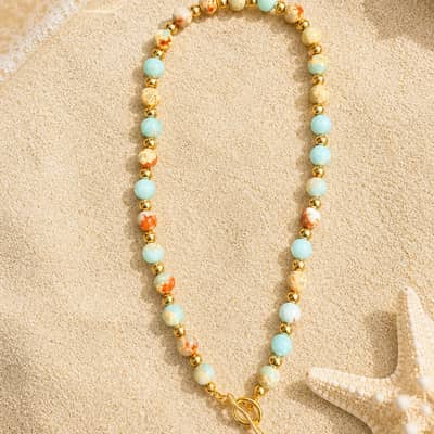 18K Gold Plated PVD Beaded Necklace, Handmade Natural Gemstone Bohemian Summer detail 4