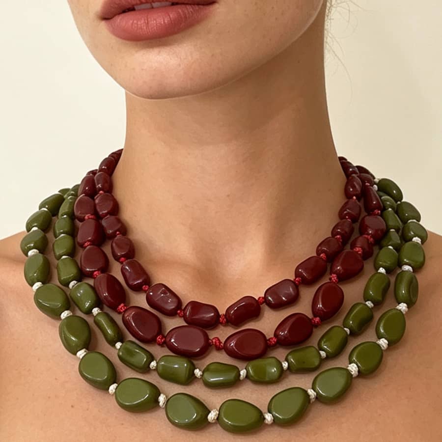 Vintage Irregular Geometric Oval Double Layer Beaded Necklace, Waterproof Resin Beads - main