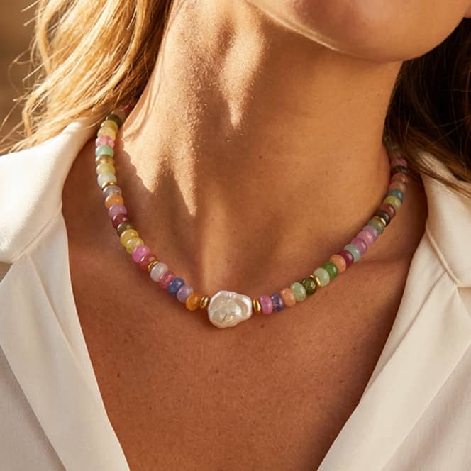 Natural Gemstone Bead Necklace, Waterproof Non-Fading Freshwater Pearl With Shell Bead - main