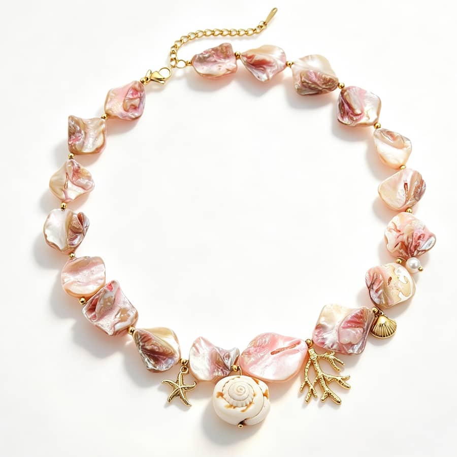 Ocean Beach Beaded Shell Necklace, Waterproof Conch Coral Pendant Natural Shell Handmade Vacation - main