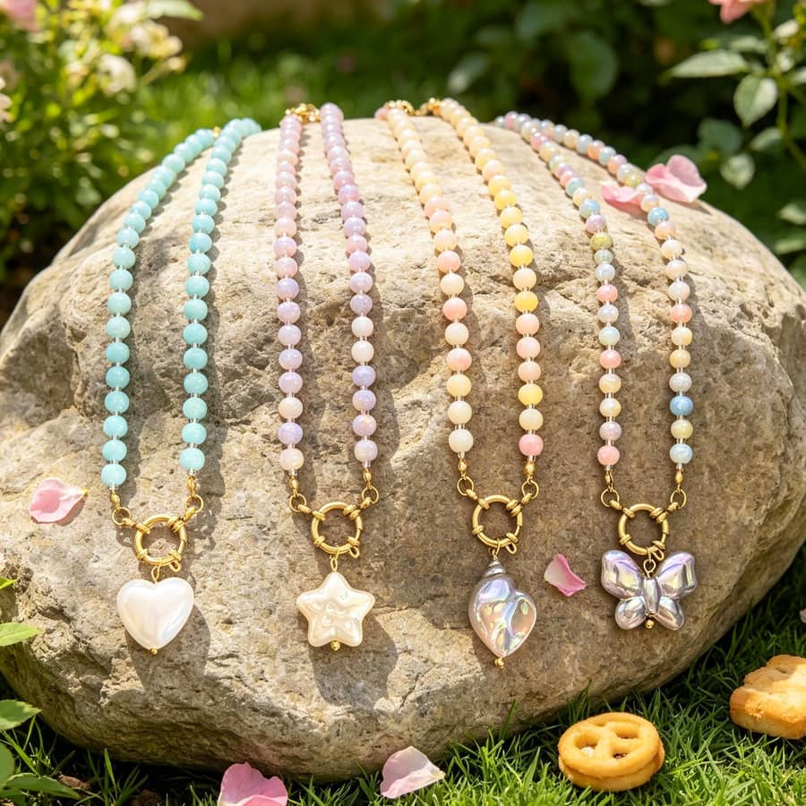 Handmade Beaded Necklace, Natural Gemstone 316 Stainless Steel Baroque Pendant - main