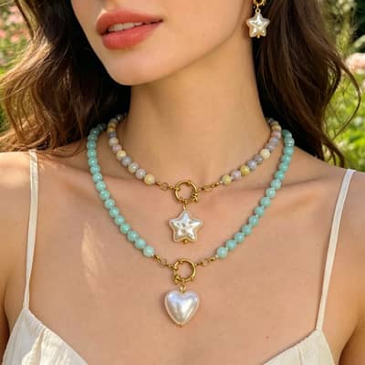 Handmade Beaded Necklace, Natural Gemstone 316 Stainless Steel Baroque Pendant detail 3
