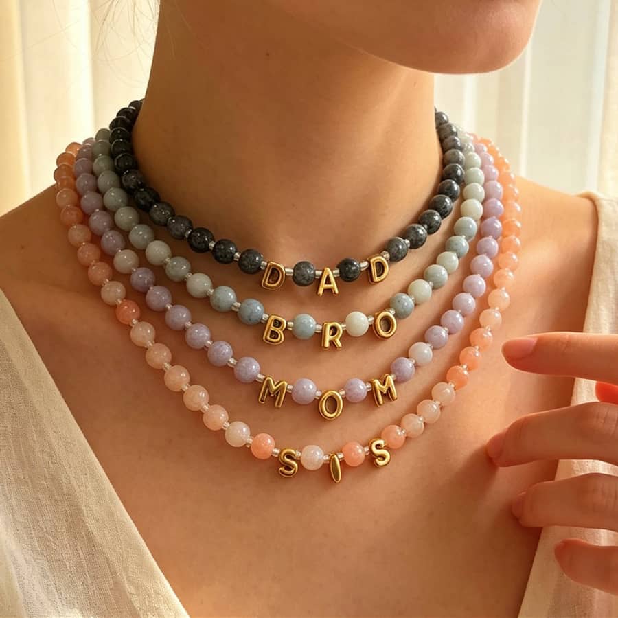 Bubble Letter Beaded Necklace, Natural Gemstone 18K PVD Rust-Proof Waterproof - main