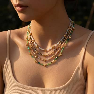 Bohemian Natural Stone Beaded Necklace, Stainless Steel Crystal Waterproof Handmade detail 2