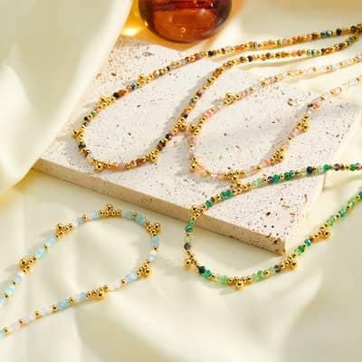 Bohemian Natural Stone Beaded Necklace, Stainless Steel Crystal Waterproof Handmade detail 3