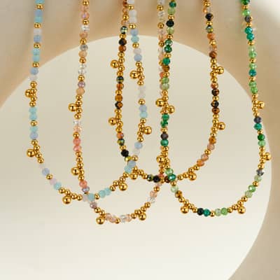 Bohemian Natural Stone Beaded Necklace, Stainless Steel Crystal Waterproof Handmade detail 4