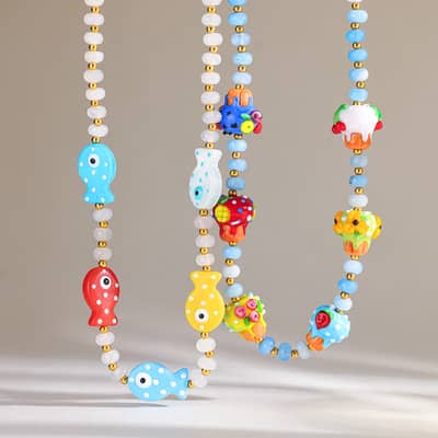 Handmade Colorful Fish Mushroom Bead Necklace, Boho Summer Beach Cute Ins Style Aesthetic detail 1