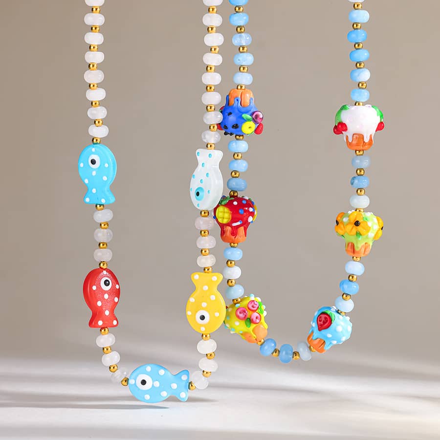 Handmade Colorful Fish Mushroom Bead Necklace, Boho Summer Beach Cute Ins Style Aesthetic - main
