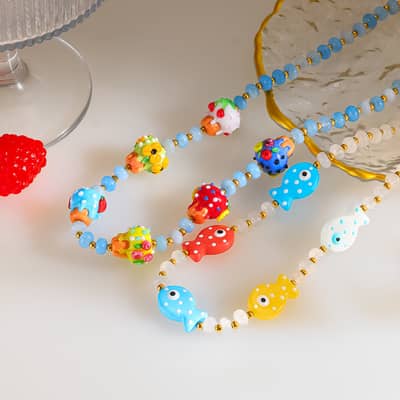 Handmade Colorful Fish Mushroom Bead Necklace, Boho Summer Beach Cute Ins Style Aesthetic detail 2