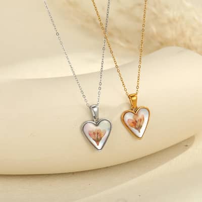 Dried Flower Heart Pendant Necklace, Gold Silver Stainless Steel Waterproof Tarnish Free Anniversary detail 2