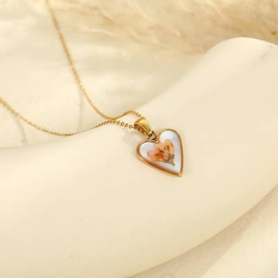 Dried Flower Heart Pendant Necklace, Gold Silver Stainless Steel Waterproof Tarnish Free Anniversary detail 3