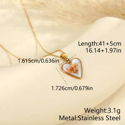 Dried Flower Heart Pendant Necklace, Gold Silver Stainless Steel Waterproof Tarnish Free Anniversary detail 6