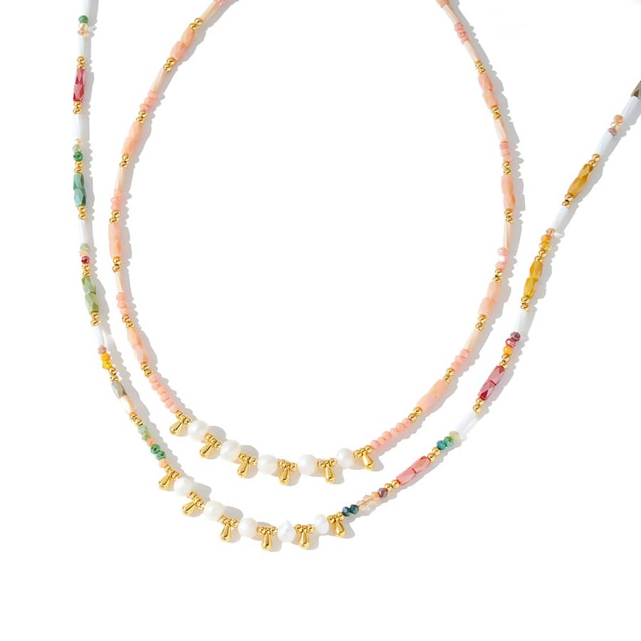 Colorful Natural Stone Freshwater Pearl Beaded Necklace, Stainless Steel Waterproof Handmade - main