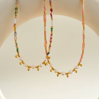 Colorful Natural Stone Freshwater Pearl Beaded Necklace, Stainless Steel Waterproof Handmade detail 2