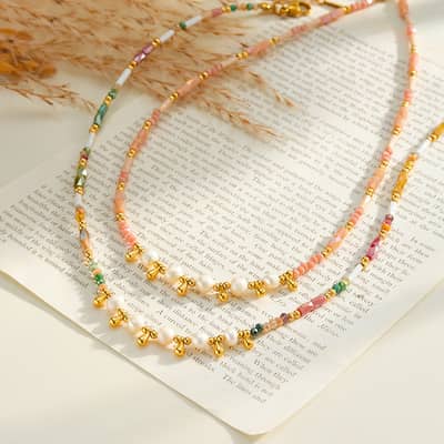 Colorful Natural Stone Freshwater Pearl Beaded Necklace, Stainless Steel Waterproof Handmade detail 3