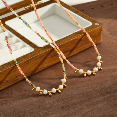 Colorful Natural Stone Freshwater Pearl Beaded Necklace, Stainless Steel Waterproof Handmade detail 5