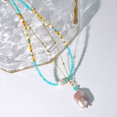 Natural Pearl Pendant Necklace, Amazonite Natural Stone Beaded Handmade Waterproof detail 3
