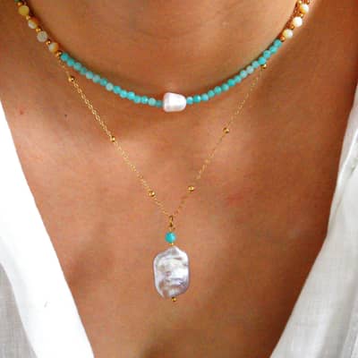 Natural Pearl Pendant Necklace, Amazonite Natural Stone Beaded Handmade Waterproof detail 4