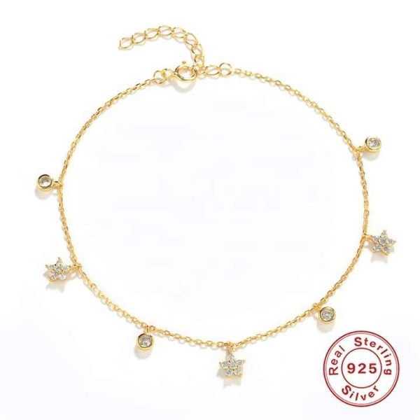 Real 925 Sterling Silver Anklets Women Foot Chain Star Round Ball Zircon Chain Anklet Minimalist 925 Silver Fashion Fine Jewelry