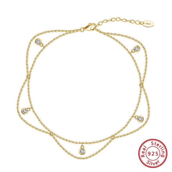 Trendy 925 Sterling Silver Double Layer Anklet for Women Gold Plated Fine Jewelry