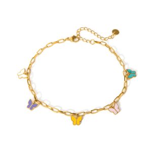 Fahion Jewelry Stainless Steel Anklets Women 16K Gold Plated Enamel Colorful Butterfly Anklet
