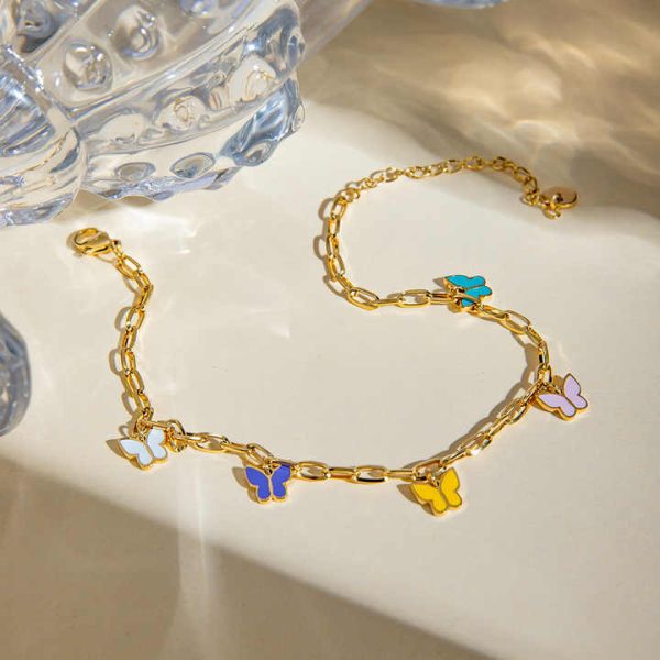 Fahion Jewelry Stainless Steel Anklets Women 16K Gold Plated Enamel Colorful Butterfly Anklet