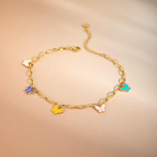 Fahion Jewelry Stainless Steel Anklets Women 16K Gold Plated Enamel Colorful Butterfly Anklet