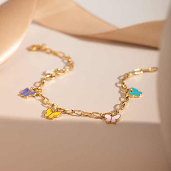 Fahion Jewelry Stainless Steel Anklets Women 16K Gold Plated Enamel Colorful Butterfly Anklet