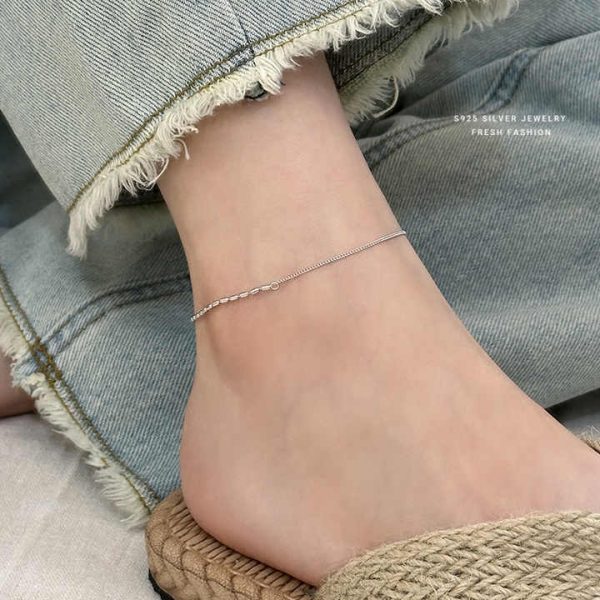 Manufacture Discount All-Match Fine Jewelry S925 Sterling Silver Gold Plated Minimalist Rice Beaded Link Chain Anklet