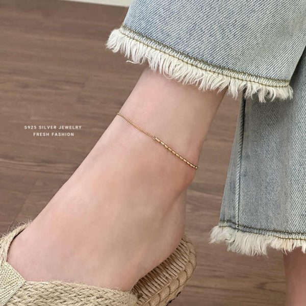 Manufacture Discount All-Match Fine Jewelry S925 Sterling Silver Gold Plated Minimalist Rice Beaded Link Chain Anklet