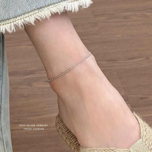 Manufacture Discount All-Match Fine Jewelry S925 Sterling Silver Gold Plated Minimalist Rice Beaded Link Chain Anklet